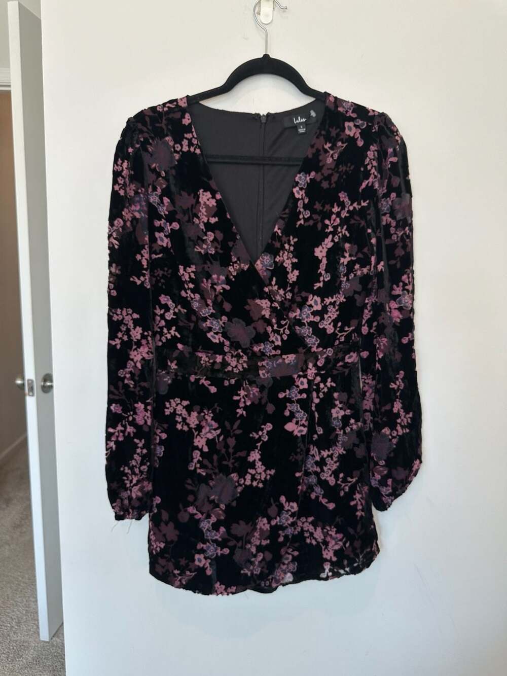 Lulus Velvet Burgundy and Pink Flower Black Long Sleeve Romper